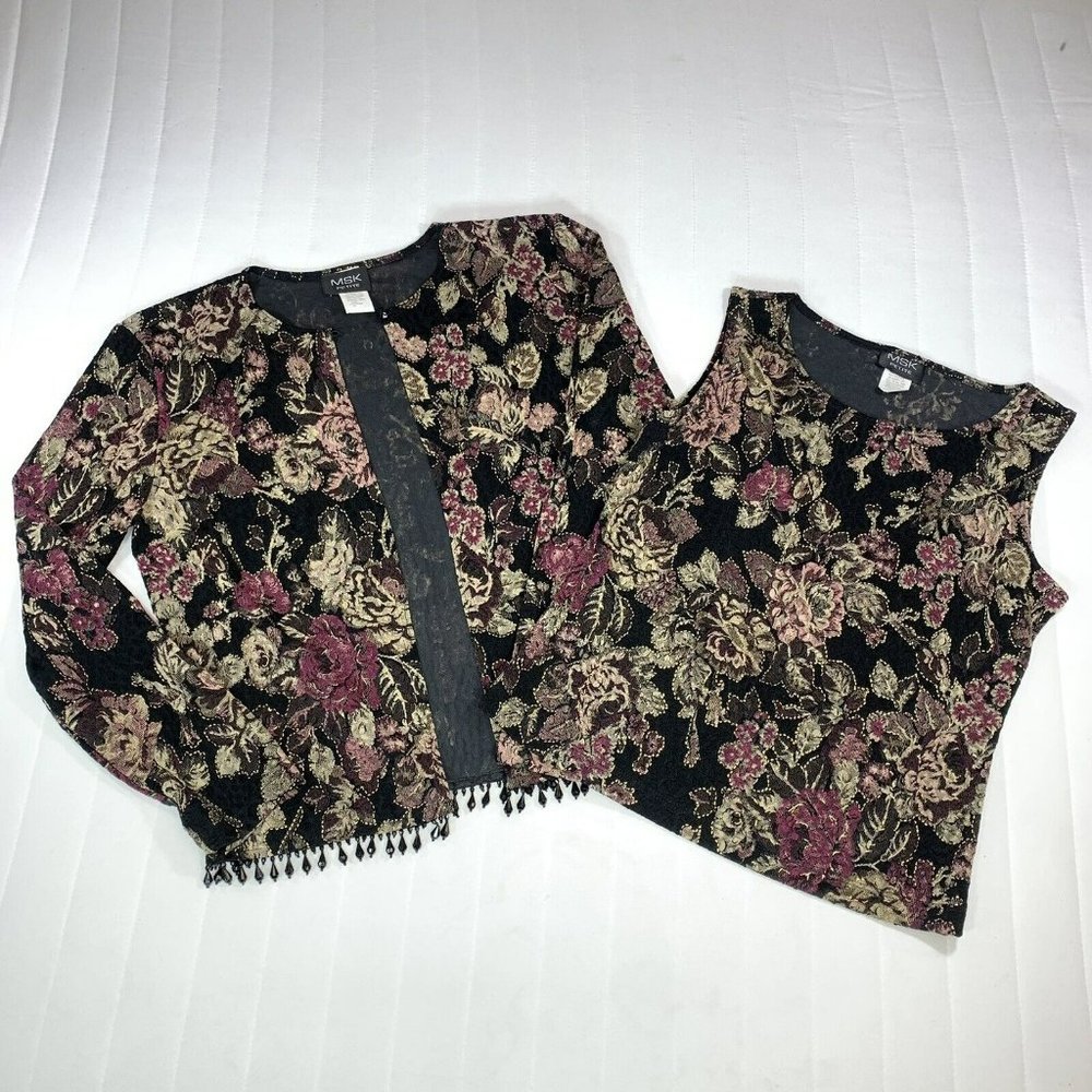 MSK Womens 2 Piece Purple Black Gold Tank & Cardigan Beads bottom hem Sz SPetite
